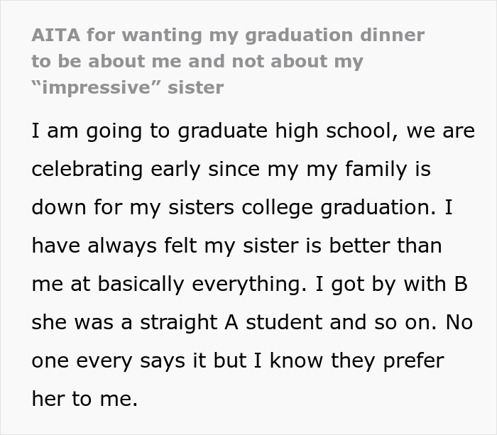 Teen Loses It At Graduation Dinner With Family When The Table Talk Revolves Only Around Her Sister Teen Loses It At Graduation Dinner With Family When The Table Talk Revolves Only Around Her Sister