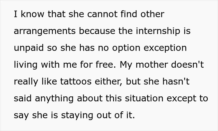 Text discusses a mom's ultimatum to her daughter over a tattoo and mentions living arrangements related to an unpaid internship. Text discusses a mom's ultimatum to her daughter over a tattoo and mentions living arrangements related to an unpaid internship.