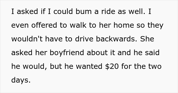 Woman Loses A Free Ride To Work After 14 Months By Asking Coworker To Pay For Their Lift Instead Of Returning The Favor