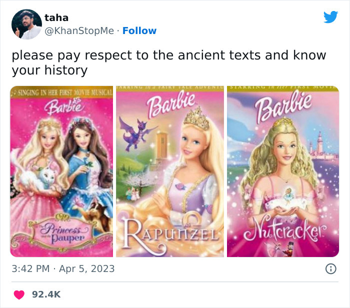 Barbie movie meme featuring classic Barbie covers: Princess and the Pauper, Rapunzel, and Nutcracker.