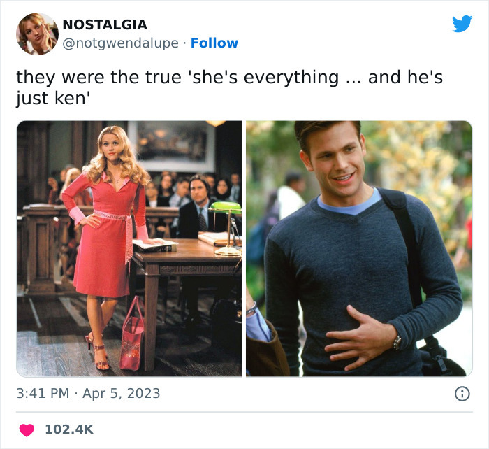 Meme of two characters comparing 'she's everything ... and he's just Ken' in a humorous 'Barbie' movie context.