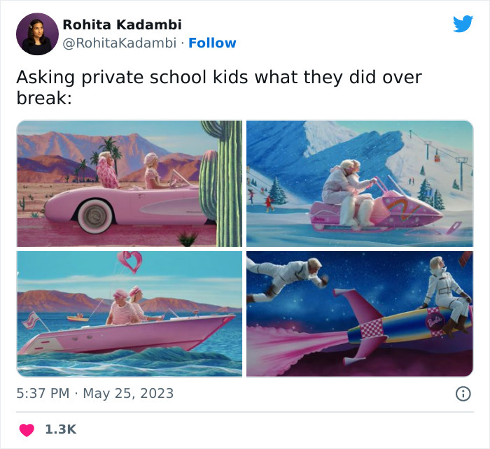 Meme of Barbie movie with scenes of characters in dream-like landscapes and vehicles, humorously captioned.