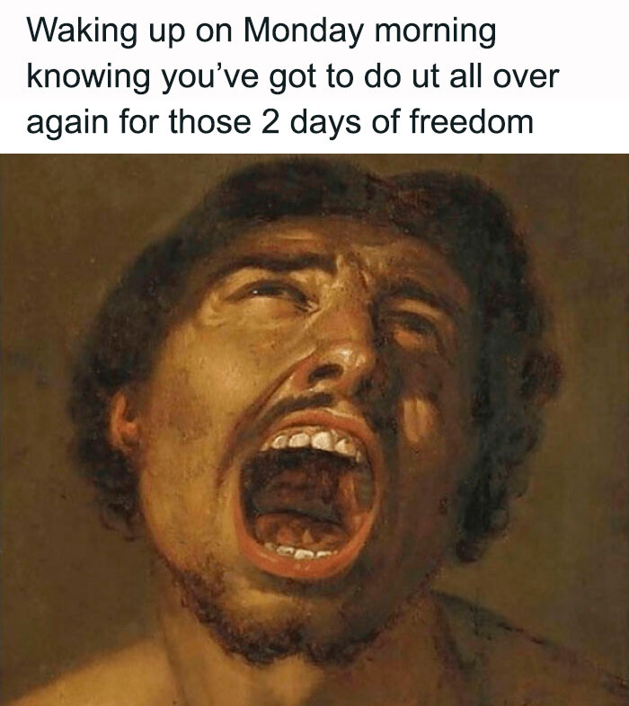 A painting depicting a man with an anguished expression, humorously capturing the Monday blues.