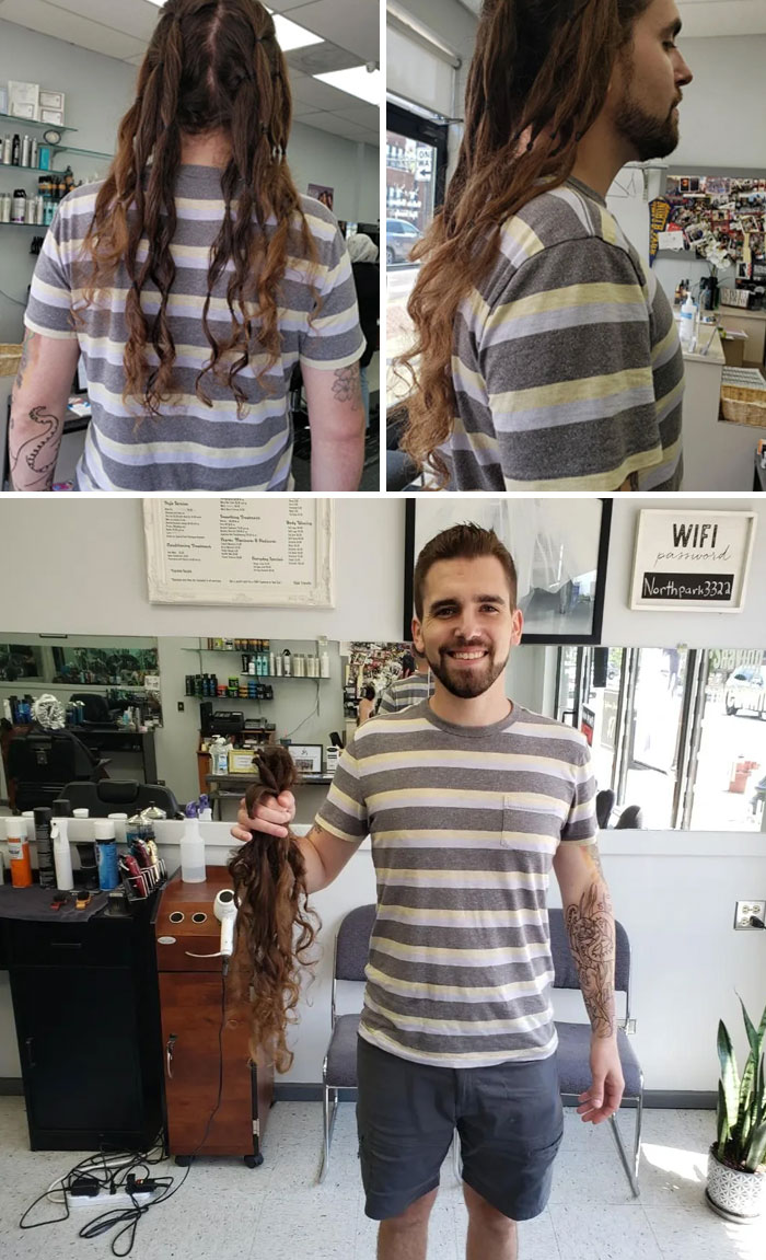 Man before and after cutting off long hair to donate, holding a large ponytail in a barbershop with smiling face.