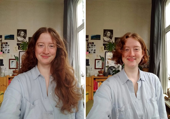 Side-by-side portrait of a woman before and after cutting her long hair to donate, smiling indoors by a window.