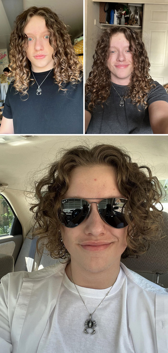 Young man with curly hair showing before and after haircut photos for hair donation transformation.