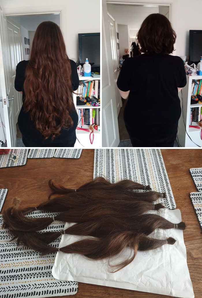 Person showing before and after photos of donating long hair, with cut hair laid out on a table for donation.