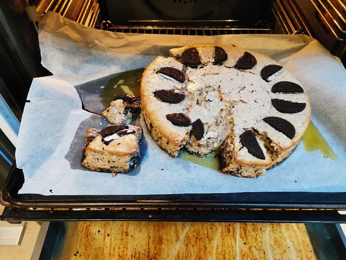 Tried To Make Oreo Cheesecake. Totally Raw In The Middle And The Butter In The Crust Melted!