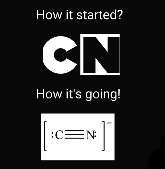 Chemistry meme comparing CN logo to chemical structure, showing evolution humor.
