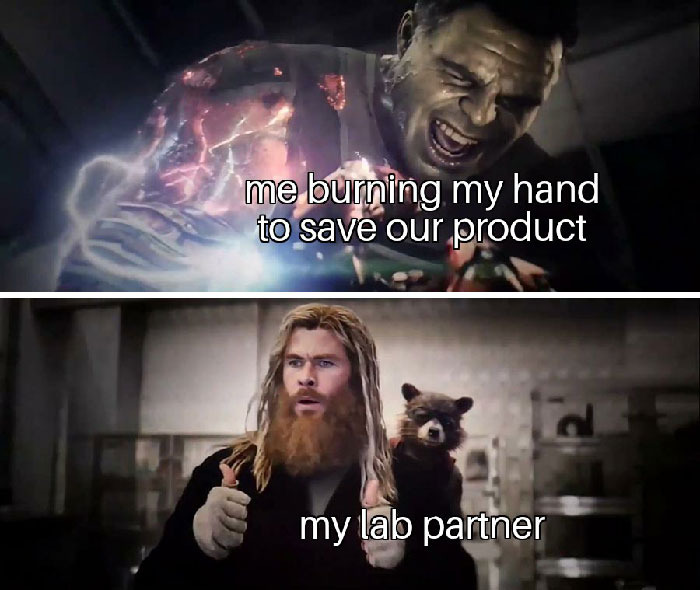 Chemistry meme featuring lab partners, with one character burning hand and another looking surprised with a racoon on his shoulder.