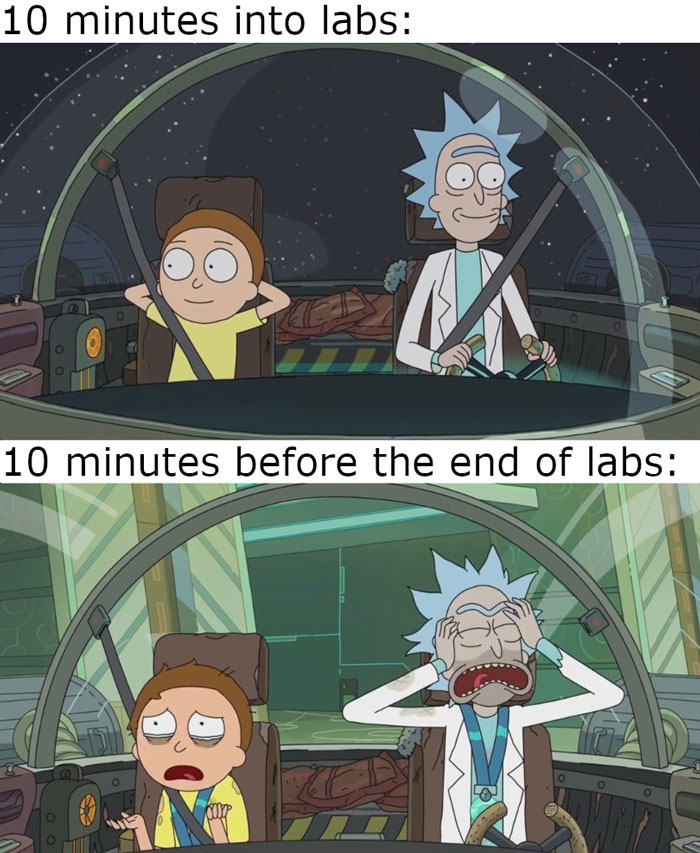 Chemistry meme depicting reactions during labs, showing characters in contrasting moods at different lab times.