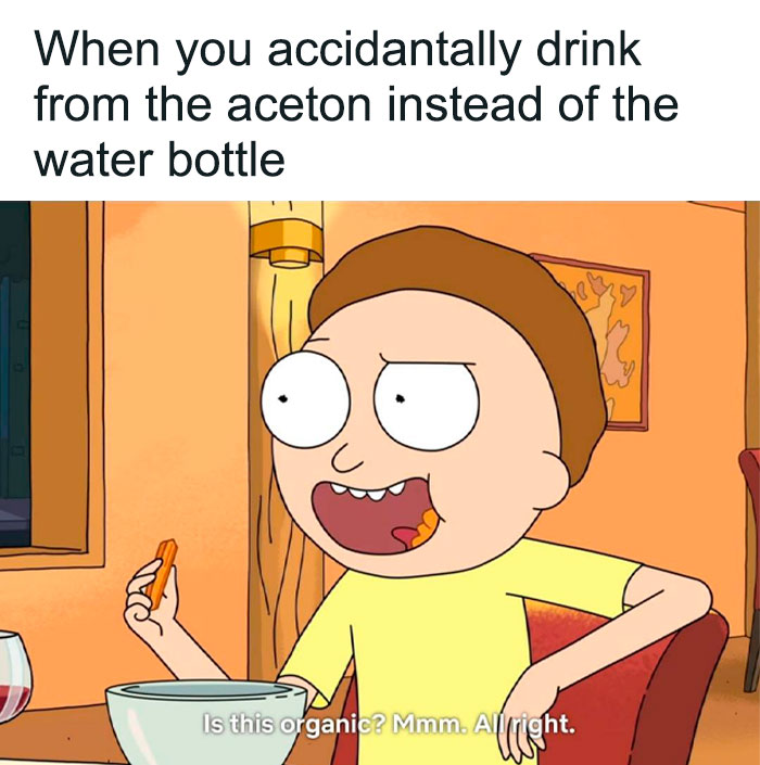 Cartoon character reacting humorously after drinking acetone by mistake; a chemistry meme highlighting accidental mix-ups.