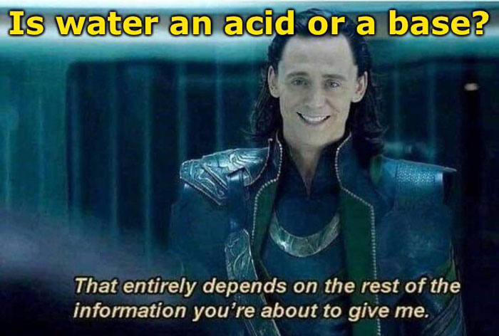 Chemistry meme asking if water is an acid or a base, with a character responding humorously to the question.