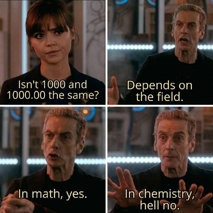 Chemistry meme comparing number precision in math and chemistry, with humorous dialogue between two characters.