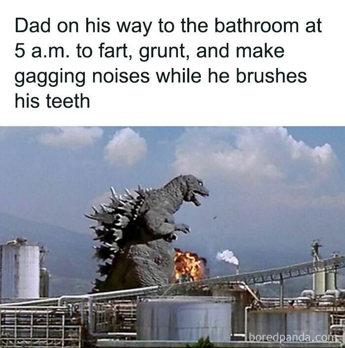 Godzilla stomping through a city, humorously depicted as a classic dad move in meme format.