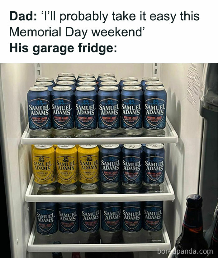 Dad's garage fridge packed with Samuel Adams beer cans, humorously depicting classic dad moves.