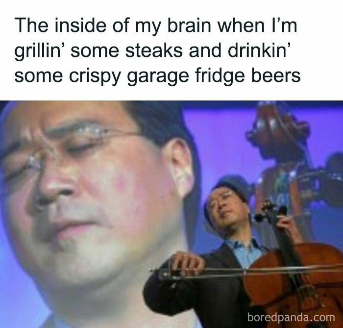 Man playing cello with closed eyes, epitomizing classic dad brain during grilling and chilling moments.
