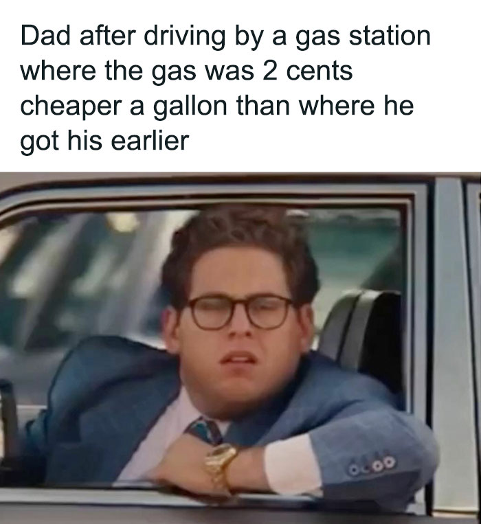 Man with glasses in a suit looking frustrated out of a car window, showcasing classic dad moves humor.