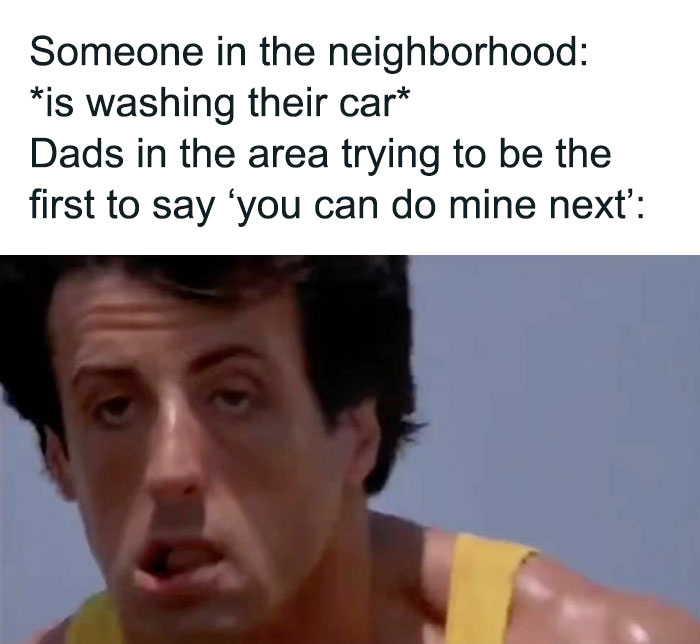 Dad meme: A man in a yellow tank top with a humorous expression reacting to a neighbor washing their car.