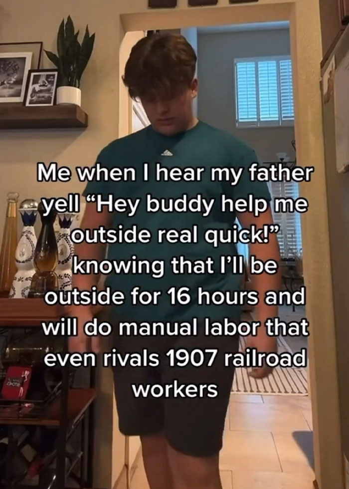 Person reading a humorous meme about classic dad tasks and unexpected manual labor expectations.