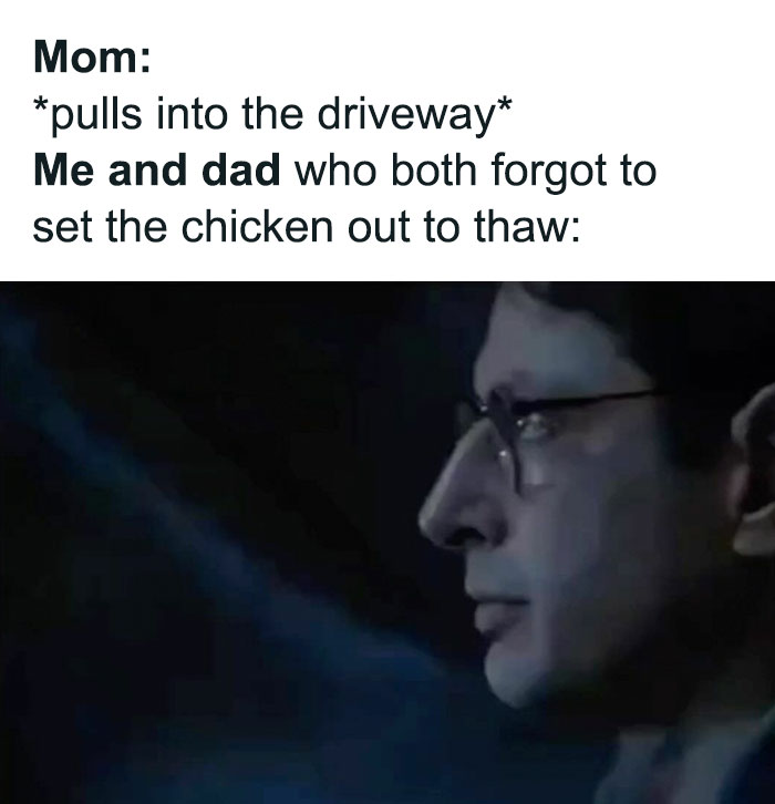 Dad meme showing a concerned expression after forgetting to thaw chicken when mom arrives, highlighting classic dad moves.