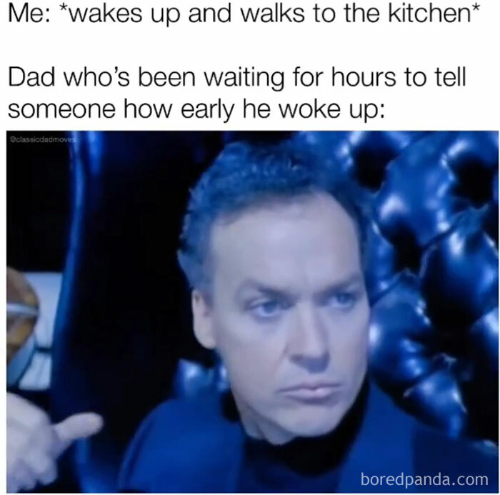 Man sitting, ready to share his early wakeup story, capturing classic dad moves humor.