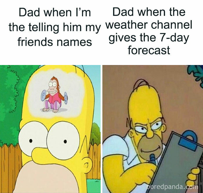 Cartoon character shows classic dad moves: confused with friends' names, focused on weather forecast.