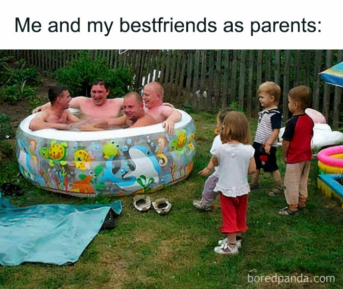 Adults humorously enjoy a kiddie pool while children stand nearby, showcasing a funny meme.
