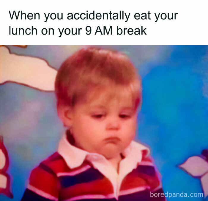 A funny meme of a child looking sad after eating lunch early, wearing a striped shirt against a colorful backdrop.
