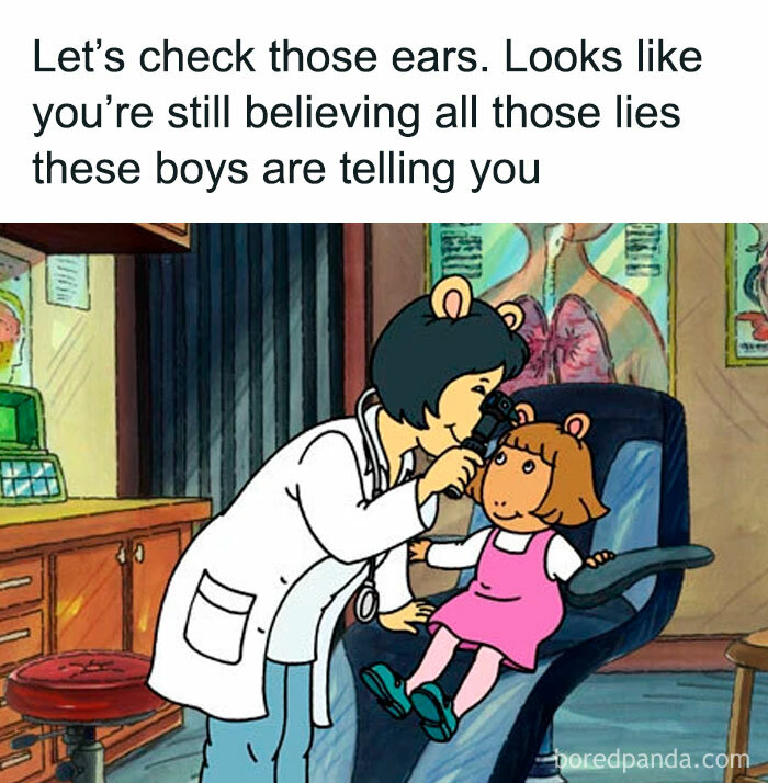 Cartoon doctor examining a child's ears with a humorous caption about believing lies, illustrating a funny meme.