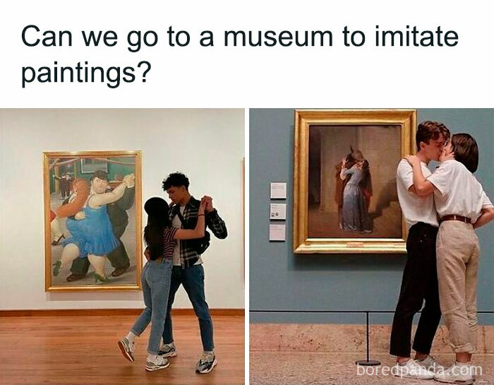 Visitors mimicking art in museum; funny jokes and memes theme.