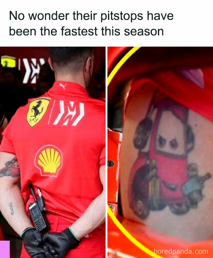 Man in Ferrari attire with a tattoo of a race car on his arm; funny meme related to fast pitstops.