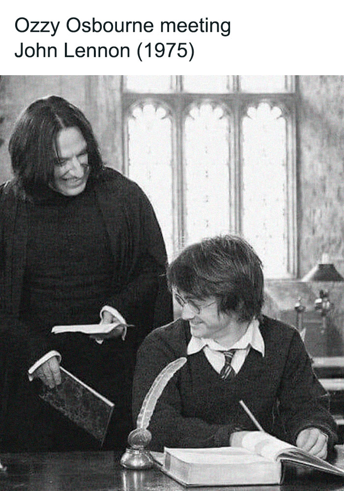 Two characters from a popular movie series, in black and white, reenacting a humorous scene.