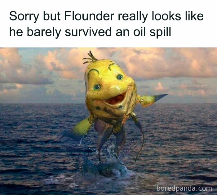 Funny meme of Flounder in water, looking disheveled, with a humorous caption about surviving an oil spill.
