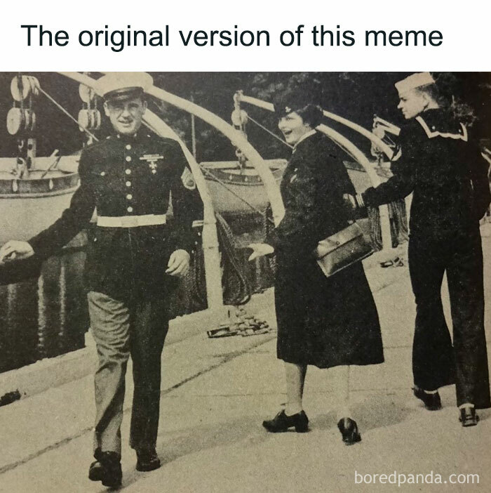 Vintage funny meme showing sailors and a woman walking on a dock.