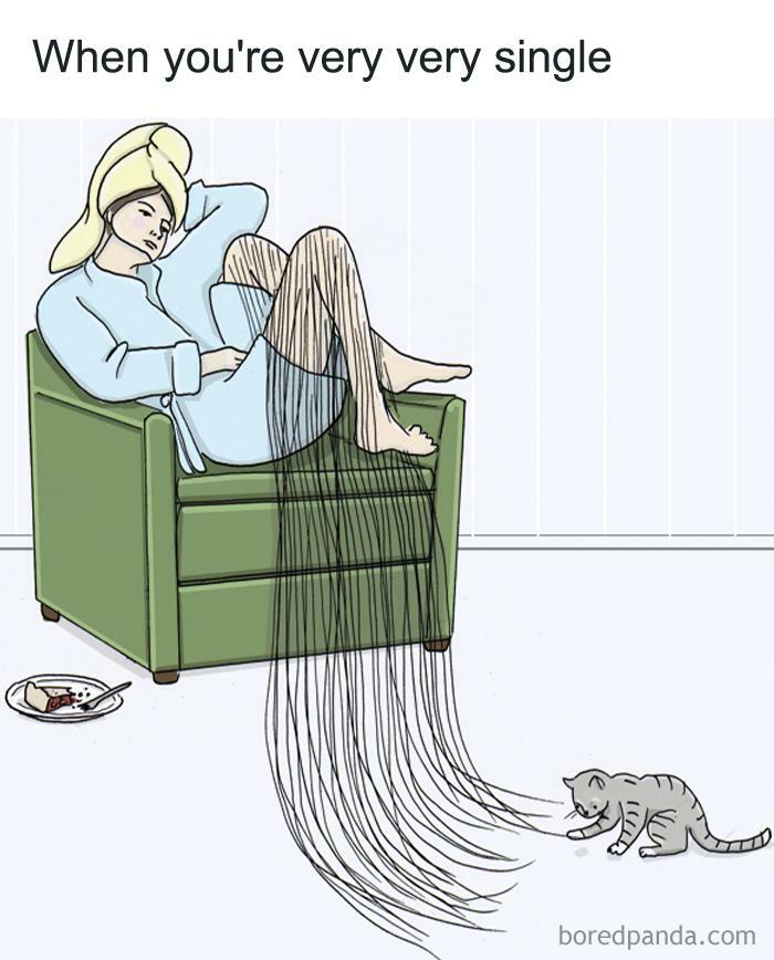 Woman in a bathrobe with extremely long hair sitting on a chair, humorous introvert meme about being very single with a cat.