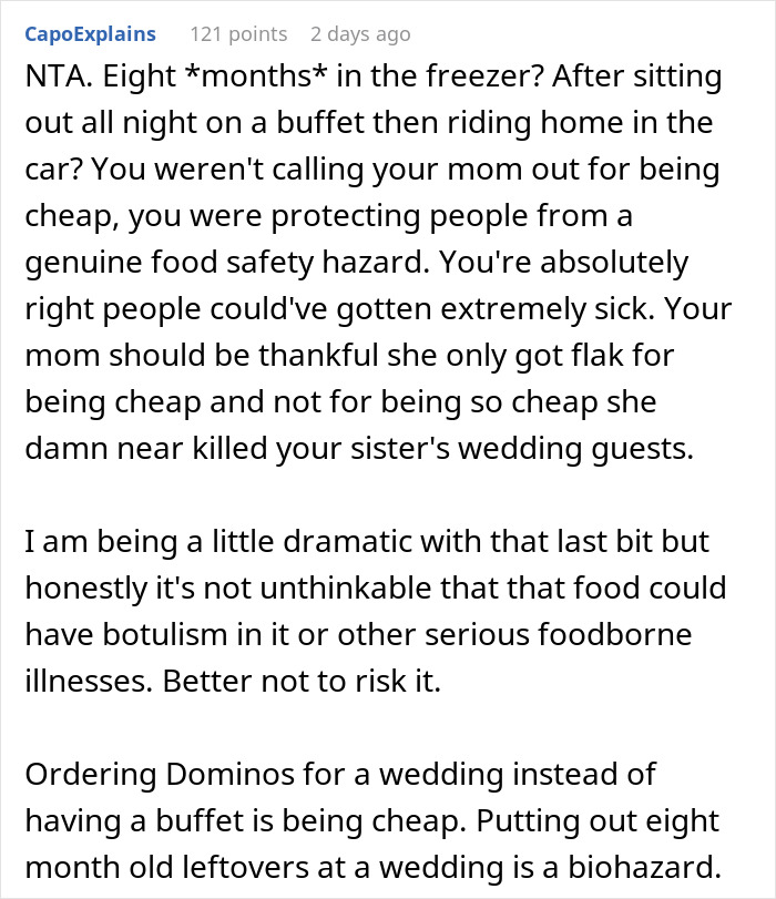 Woman Tells Her Sister's Wedding Guests Not To Touch The Food Because It's Leftovers From Her Wedding 8 Months Ago