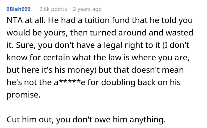Dad Promises His Daughter College Fund, Ends Up Spending All The Money On His Wedding, Is Offended After Daughter Cuts Ties With Him Dad Promises His Daughter College Fund, Ends Up Spending All The Money On His Wedding, Is Offended After Daughter Cuts Ties With Him