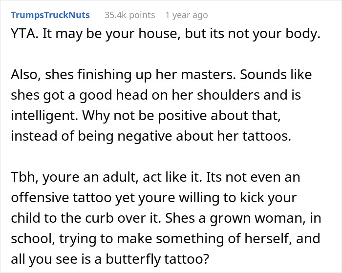 A Reddit comment discusses a mother's ultimatum over a daughter's tattoo decision. A Reddit comment discusses a mother's ultimatum over a daughter's tattoo decision.