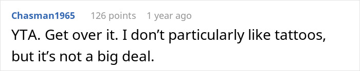 Comment discussing tattoos, suggesting it's not a big deal. Comment discussing tattoos, suggesting it's not a big deal.
