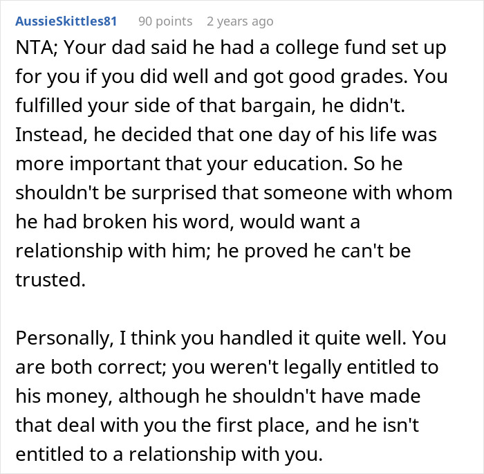 Dad Promises His Daughter College Fund, Ends Up Spending All The Money On His Wedding, Is Offended After Daughter Cuts Ties With Him Dad Promises His Daughter College Fund, Ends Up Spending All The Money On His Wedding, Is Offended After Daughter Cuts Ties With Him