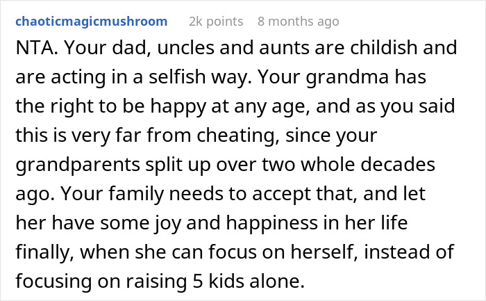 Guy Tells His Entire Family To "Grow Up" After They Got Mad At His 65 Y.O. Grandma For Having A Boyfriend And "Cheating" On Their Dad