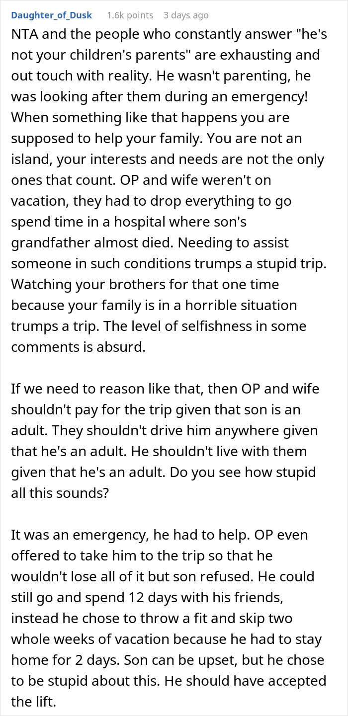 Teen Calls Parents "Selfish" For Making Him Miss His Graduation Trip To Watch His Siblings During Family Emergency, Parent Asks For Advice