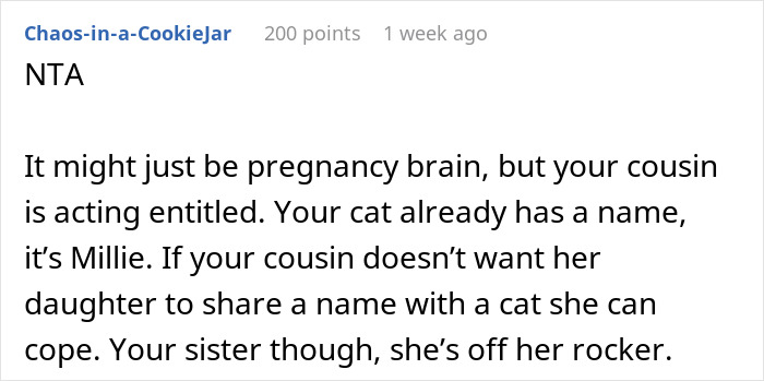 Woman Doesn't Want To Change Her Cat's Name Because Pregnant Cousin Wants To Use It For Her Baby, Wonders If She's Just Being Stubborn