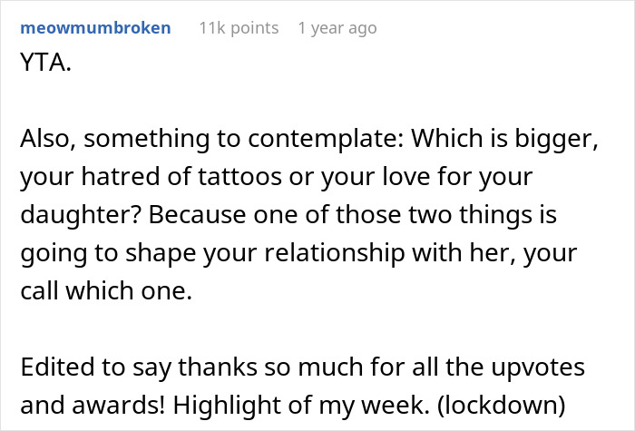 Online comment discussing a mom's ultimatum about her daughter's tattoo, suggesting it affects their relationship. Online comment discussing a mom's ultimatum about her daughter's tattoo, suggesting it affects their relationship.