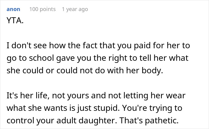 Comment criticizing a mom for giving her daughter an ultimatum over a tattoo decision. Comment criticizing a mom for giving her daughter an ultimatum over a tattoo decision.