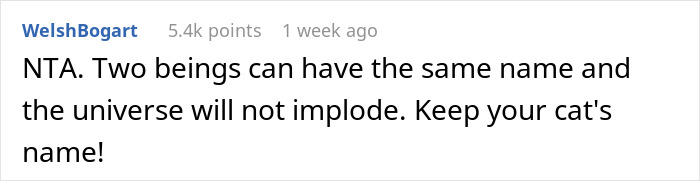 Woman Doesn't Want To Change Her Cat's Name Because Pregnant Cousin Wants To Use It For Her Baby, Wonders If She's Just Being Stubborn