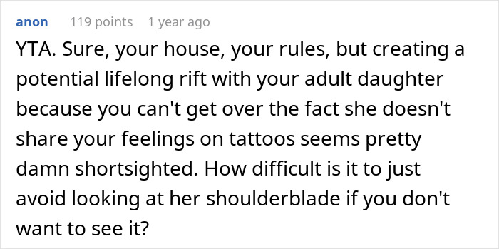 Text comment discussing a mom's ultimatum over her daughter's tattoo. Text comment discussing a mom's ultimatum over her daughter's tattoo.