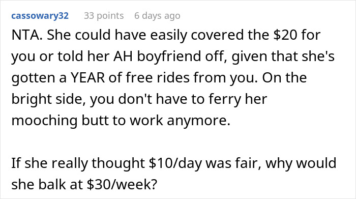 Woman Loses A Free Ride To Work After 14 Months By Asking Coworker To Pay For Their Lift Instead Of Returning The Favor