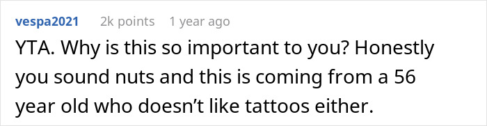 Online comment questioning a mom's ultimatum to her daughter about tattoos, offering a contrasting perspective. Online comment questioning a mom's ultimatum to her daughter about tattoos, offering a contrasting perspective.
